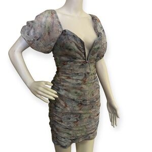 Saint + Secrets Ruched Puff-Sleeve V-Neck Mini Dress in Muted Floral